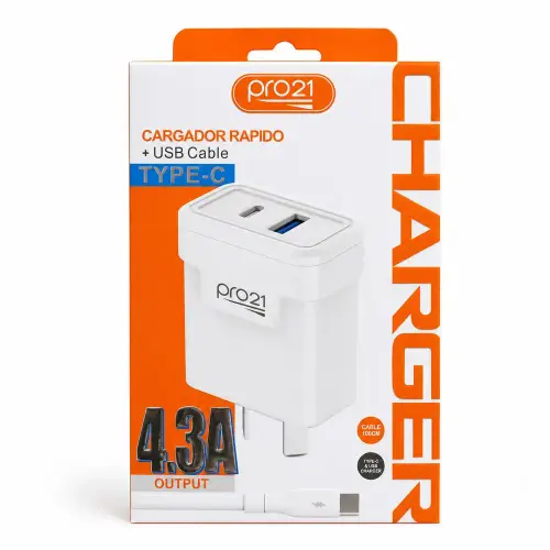 Cargador PRO21 2 USB A/C + cable tipo C 4.3A caja naranja grande
