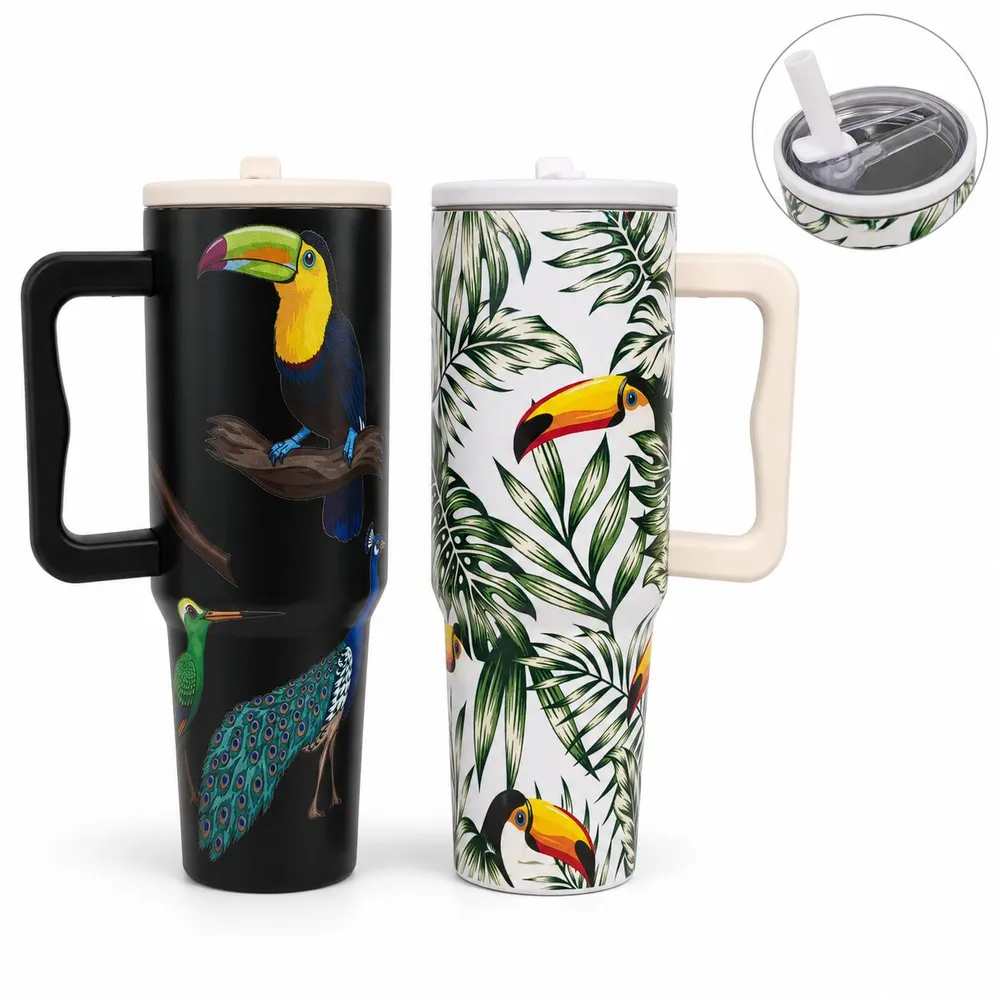 Vaso térmico con manija y sorbete aves 1200ml ISA-802
