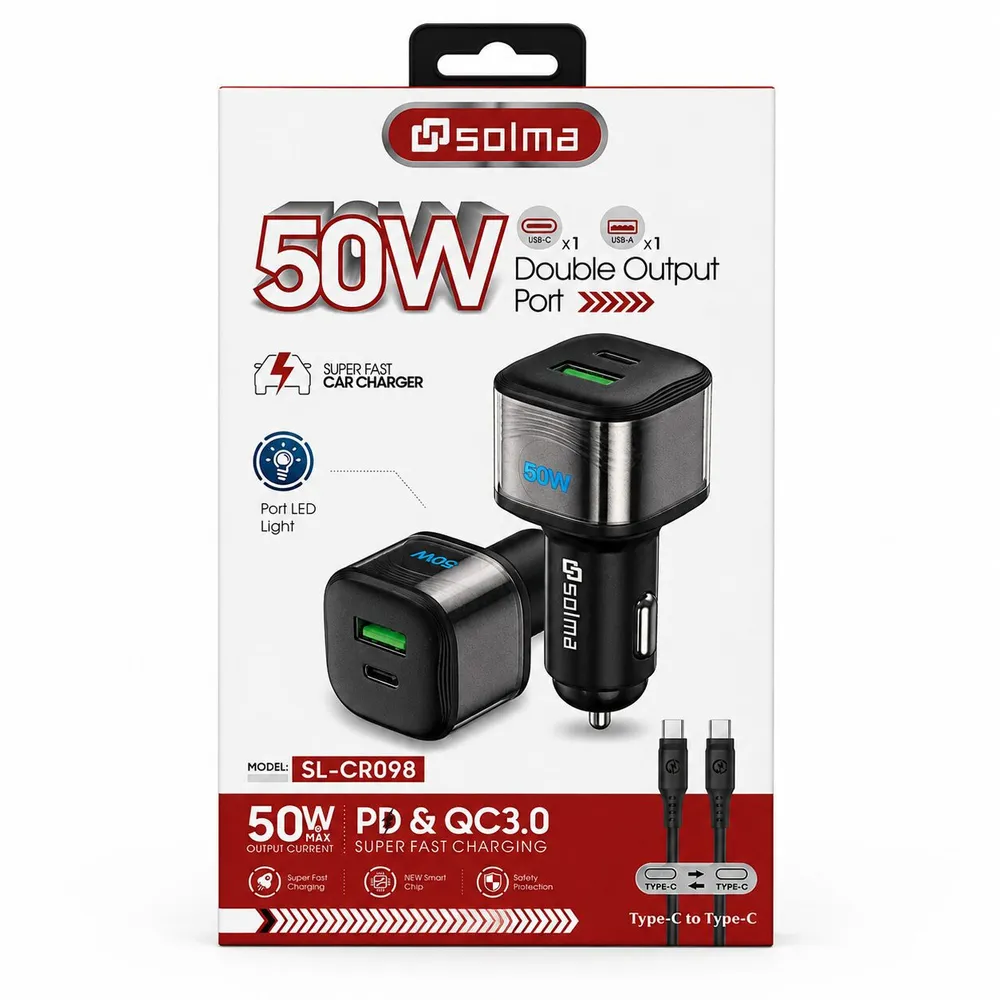 Cargador auto 2 USB A/C con cable tipo C 3.0 50W SL-CR098