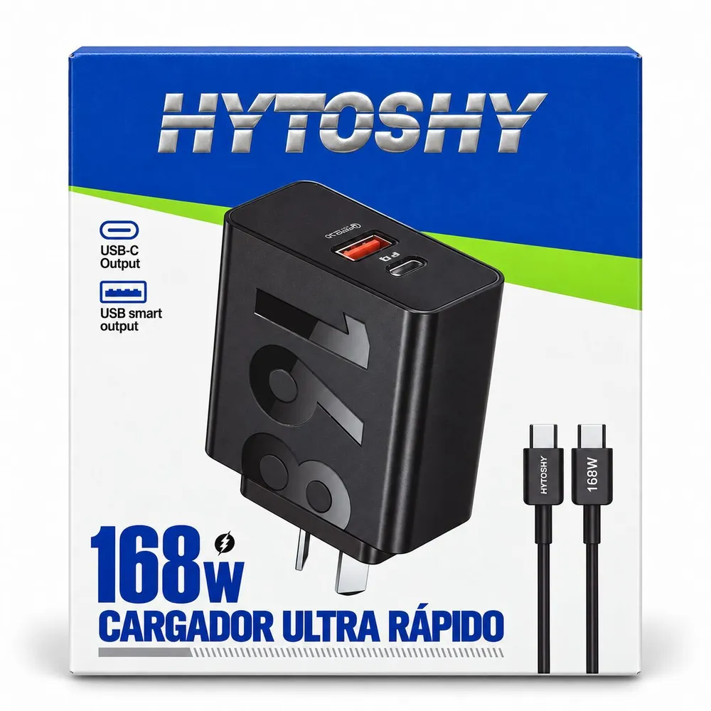 Cargador USB A/C 168W patas oblicuas c/cable tipo C hytoshy
