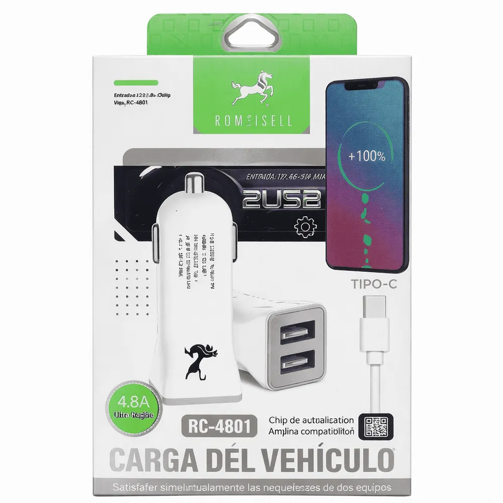 Cargador auto 2 USB a con cable tipo C desarmado RC-4801
